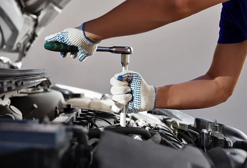 Mechanic checking an engine under the hood with a diagnostic tool